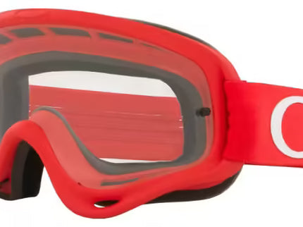 Oakley XS O-Frame MX Moto Goggle in red with clear lens, designed for motocross riding and protection.
