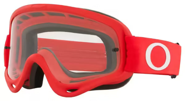 Oakley XS O-Frame MX Moto Goggle in red with clear lens, designed for motocross riding and protection.