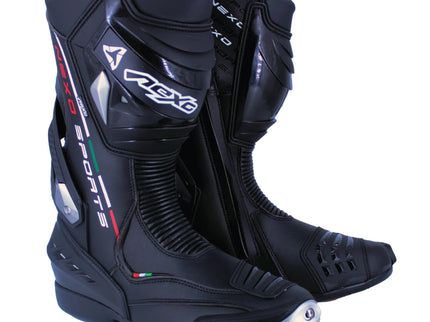 NEXO Hornet MX Boots in black and red with durable synthetic leather and protective features for motocross riding.