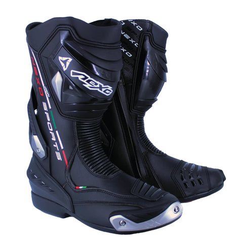 NEXO Hornet MX Boots in black and red with durable synthetic leather and protective features for motocross riding.
