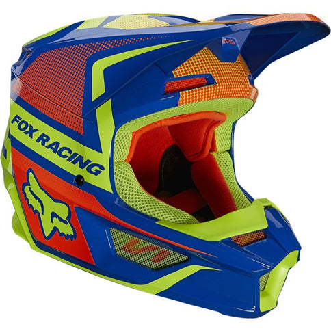 Blue FOX V1 Oktiv MX helmet with ventilation and adjustable straps, designed for motocross riders.