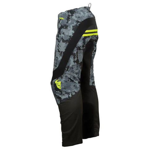 THOR SECTOR Digi MX pants in black and camo with reinforced knee panels and adjustable waistband for motocross riding.