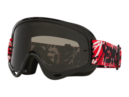 Oakley O-Frame MX Goggle in red Eddie design with dark grey frame, clear lens, and adjustable strap for motocross riding.