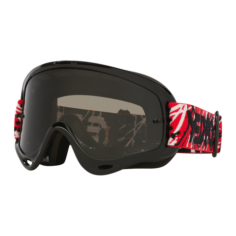 Oakley O-Frame MX Goggle in red Eddie design with dark grey frame, clear lens, and adjustable strap for motocross riding.