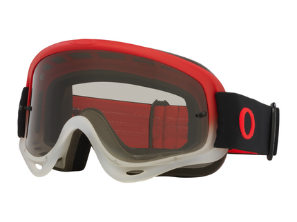 Oakley O-Frame MX Goggle in team red with light grey frame, featuring clear lens and adjustable strap for motocross riding.