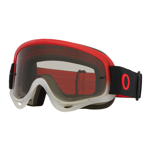 Oakley O-Frame MX Goggle in team red with light grey frame, featuring clear lens and adjustable strap for motocross riding.