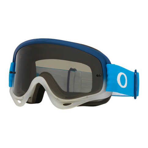 Oakley O-Frame MX Goggle in team blue and dark grey, featuring a durable frame and clear lens for motocross riding.