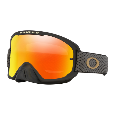 Oakley O Frame 2.0 Pro MX goggles in black fire iridium lenses, featuring a sleek design and adjustable strap for outdoor motocross.