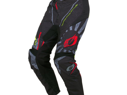 Bright neon yellow ONEAL MX pants with black accents, designed for motocross riding and durability.