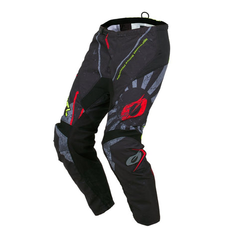 Bright neon yellow ONEAL MX pants with black accents, designed for motocross riding and durability.