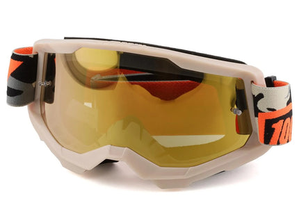 100% Strata 2 KOMBAT gold and mirror MX goggles with tinted lenses and adjustable strap for motocross riding.