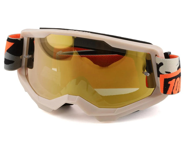 100% Strata 2 KOMBAT gold and mirror MX goggles with tinted lenses and adjustable strap for motocross riding.