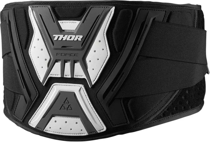 Thor FORCE Kidney Belt in black and white with adjustable straps, designed for support and protection during physical activities.