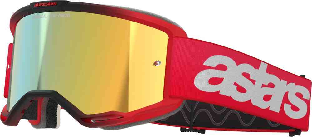 Alpinestars Vision 5 Blaze red mirror motocross goggles with gold accents, adjustable strap, and cushioned frame for MX riding comfort.