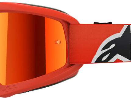 Alpinestars Vision Corp orange mirrored youth motocross goggles with tinted lenses and adjustable strap for off-road riding.