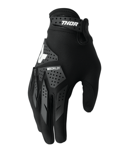 THOR Launchmode XP MX glove with padded knuckles, breathable fabric, and adjustable wrist strap for motocross riding.
