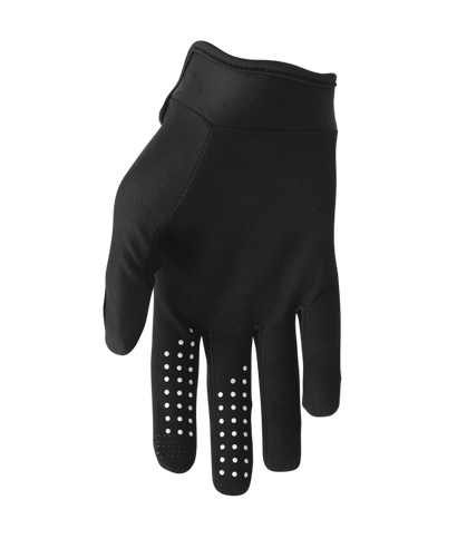Black THOR Launchmode XP MX gloves with padded knuckles and adjustable wrist straps, designed for motocross riding.