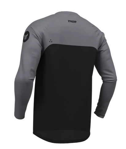 Black THOR Ridemode Menace MX jersey with bold graphics, lightweight fabric, and comfortable fit for motocross riding.