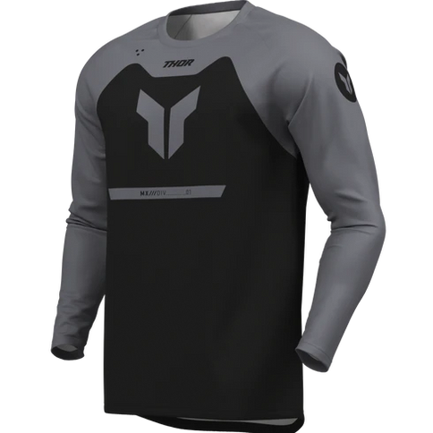 Black THOR Ridemode Menace MX jersey featuring bold graphics and breathable fabric, designed for motocross riding.