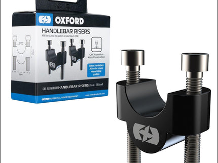 Oxford handlebar risers for motorcycle handlebars, showcasing adjustable aluminum risers with mounting hardware.