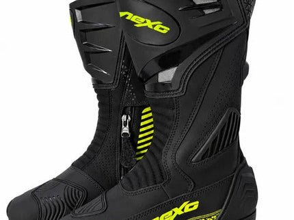 NEXO Nexo Superbike Road Boots BT-2403 in black and yellow with protective features, designed for motorcycle riding.