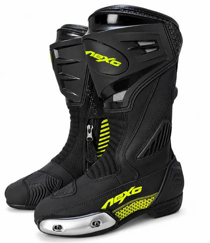 NEXO Nexo Superbike Road Boots BT-2403 in black and yellow with protective features, designed for motorcycle riding.