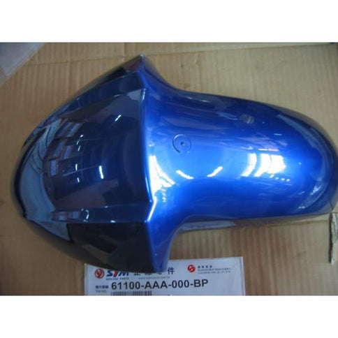 Blue front fender for SYM Orbit/XPro 125 and 150 scooters, showing the curved plastic part designed to protect the front wheel area.