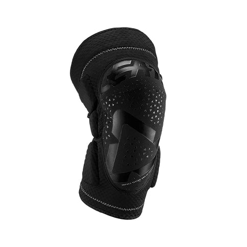 Black LEATT 3DF 6.0 knee guard with adjustable straps and protective armor, designed for secure knee protection during sports.