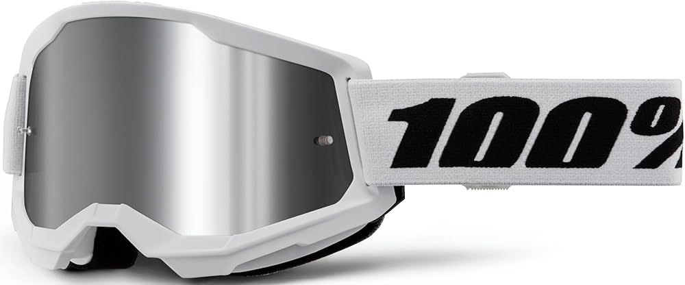 White MX goggles with silver mirror lenses, STRATA 2 Junior 100% brand MX goggles for motocross riding.