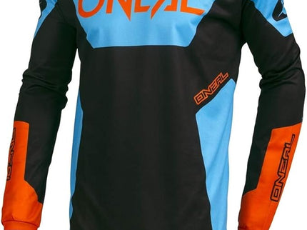 Blue ONEAL MX racewear jersey with bold branding and lightweight fabric, designed for motocross riders.
