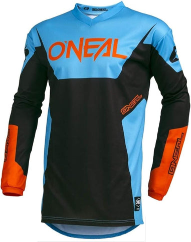 Blue ONEAL MX racewear jersey with bold branding and lightweight fabric, designed for motocross riders.