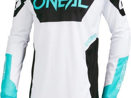 White Oneal MX jersey racewear with bold branding and lightweight, breathable fabric for motocross riding.