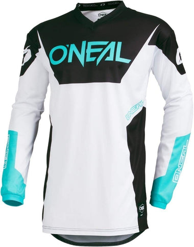 White Oneal MX jersey racewear with bold branding and lightweight, breathable fabric for motocross riding.