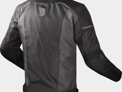 Rear view of LS2 men's Sepang black and dark grey road jacket showing padded shoulders and reflective detailing.
