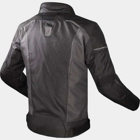 Rear view of LS2 men's Sepang black and dark grey road jacket showing padded shoulders and reflective detailing.
