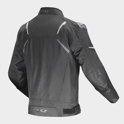 Black LS2 men's ZOOM road jacket with protective padding and sleek design, suitable for motorcycle riding.