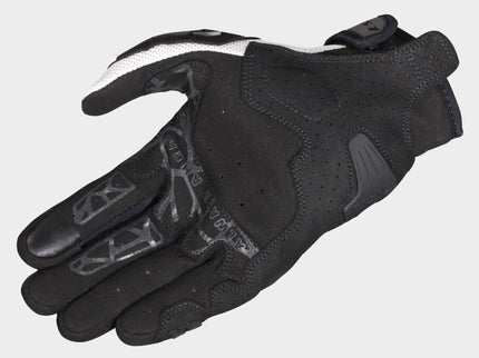 Black and grey LS2 All-Terrain II gloves with reinforced palms and adjustable wrist straps for rugged riding comfort.