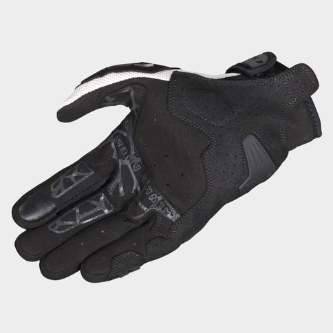 Black and grey LS2 All-Terrain II gloves with reinforced palms and adjustable wrist straps for rugged riding comfort.