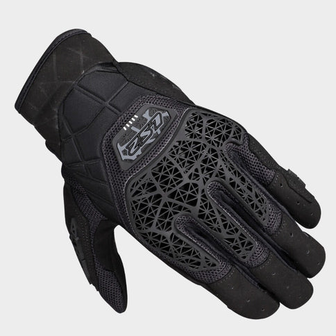 Black LS2 All-Terrain II gloves with reinforced palms and adjustable wrist straps for motorcycle riding.