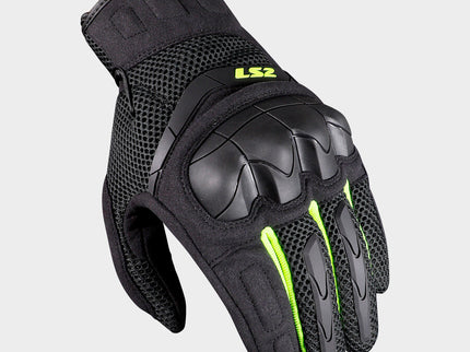 LS2 Kubra HI-VIS motorcycle all-terrain gloves with high-visibility design, durable leather and protective padding for riding.