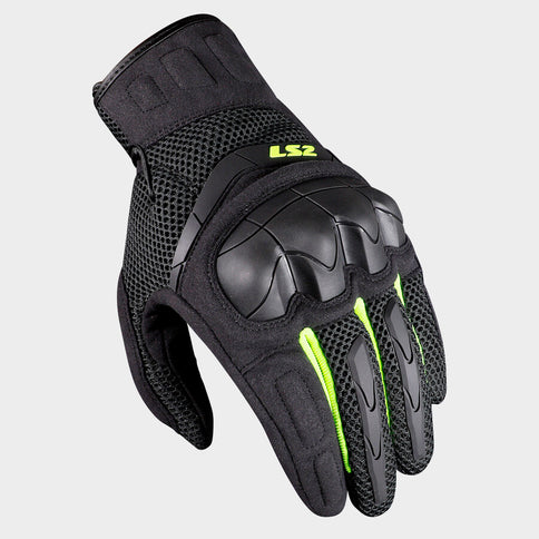 LS2 Kubra HI-VIS motorcycle all-terrain gloves with high-visibility design, durable leather and protective padding for riding.