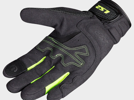 LS2 Kubra HI-VIS all-terrain motorcycle gloves with high-visibility design and protective padding, shown on a rider's hands.