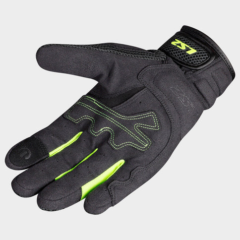 LS2 Kubra HI-VIS all-terrain motorcycle gloves with high-visibility design and protective padding, shown on a rider's hands.