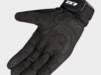 LS2 Kubra motorcycle all-terrain gloves shown in black with protective knuckles and adjustable wrist strap.