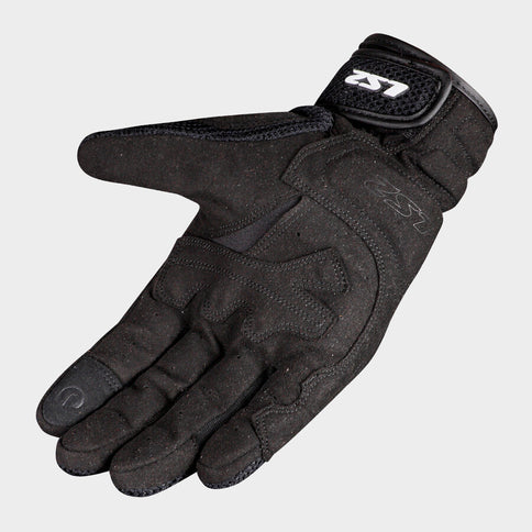 LS2 Kubra motorcycle all-terrain gloves shown in black with protective knuckles and adjustable wrist strap.