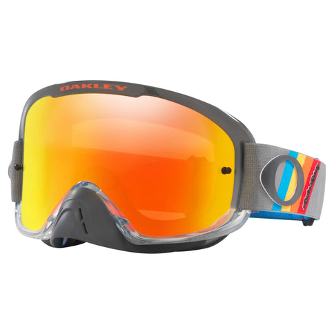 Oakley O-Frame Pro 2.0 MX goggles with grey stripes and Fire Iridium lenses, designed for motocross riding.