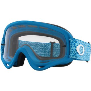 Oakley O-Frame MX Goggle with blue crackle frame and clear lens, designed for motocross riding and outdoor sports.