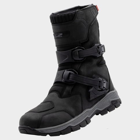 LS2 Adventure Boots in black with rugged design, featuring reinforced soles and ankle protection for outdoor riding.