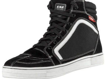 LS2 Doron adventure boots in white and black showing sturdy leather construction and rugged sole for off-road riding.