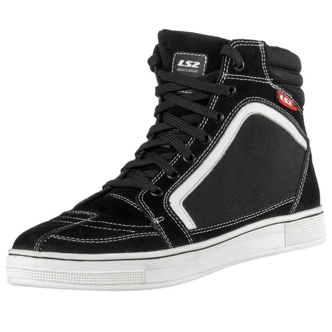 LS2 Doron adventure boots in white and black showing sturdy leather construction and rugged sole for off-road riding.